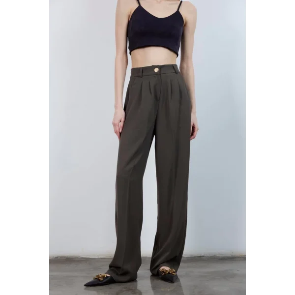 Myra Pileli Gold Düğme Palazzo Pantolon - Haki