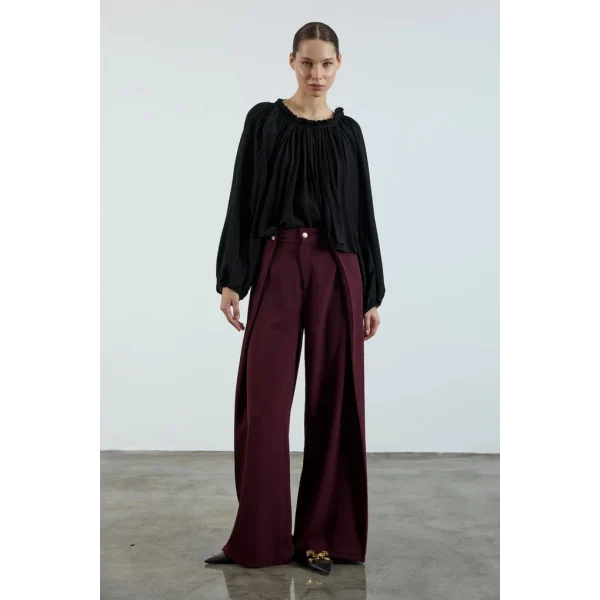 Piliseli Kapak Detay Krep Palazzo Pantolon - Bordo