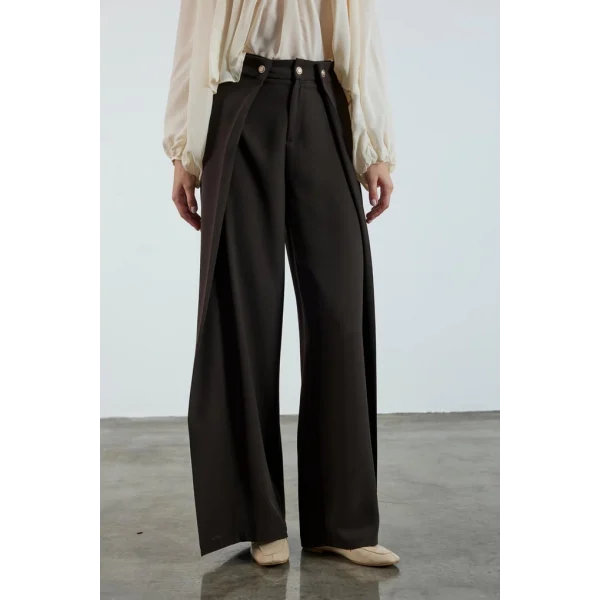 Piliseli Kapak Detay Krep Palazzo Pantolon - Kahve