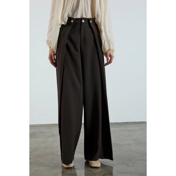 Piliseli Kapak Detay Krep Palazzo Pantolon - Kahve