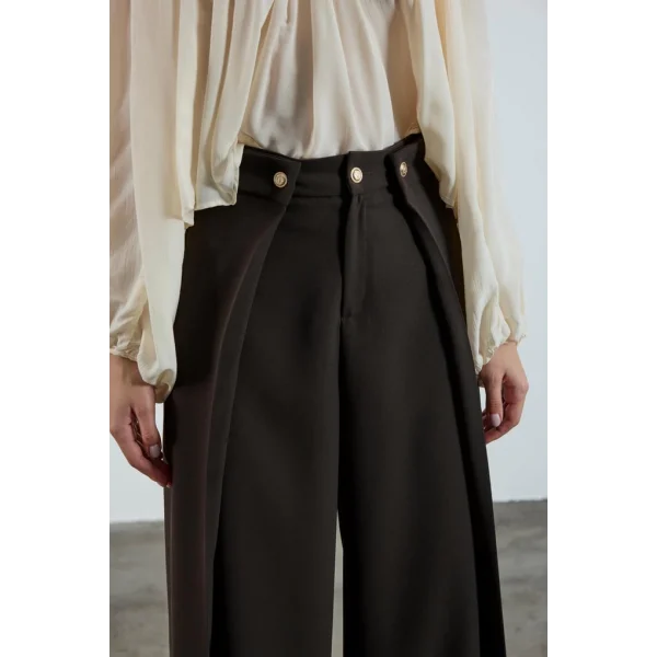 Piliseli Kapak Detay Krep Palazzo Pantolon - Kahve