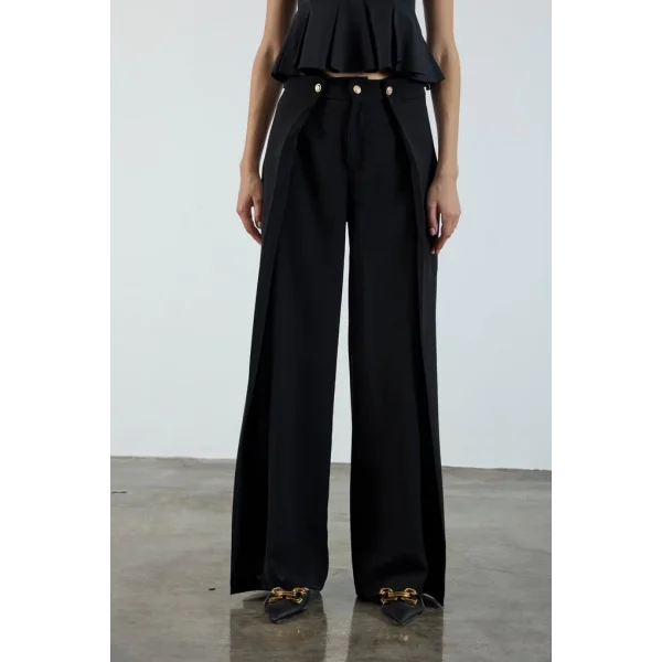 Piliseli Kapak Detay Krep Palazzo Pantolon - Siyah