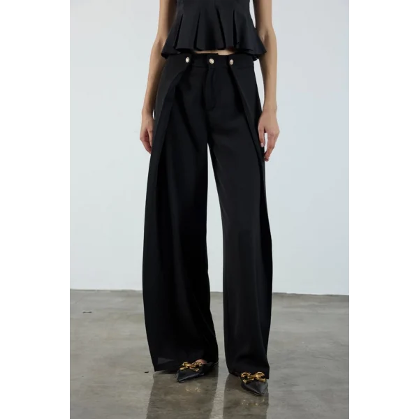 Piliseli Kapak Detay Krep Palazzo Pantolon - Siyah