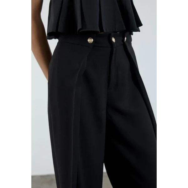 Piliseli Kapak Detay Krep Palazzo Pantolon - Siyah