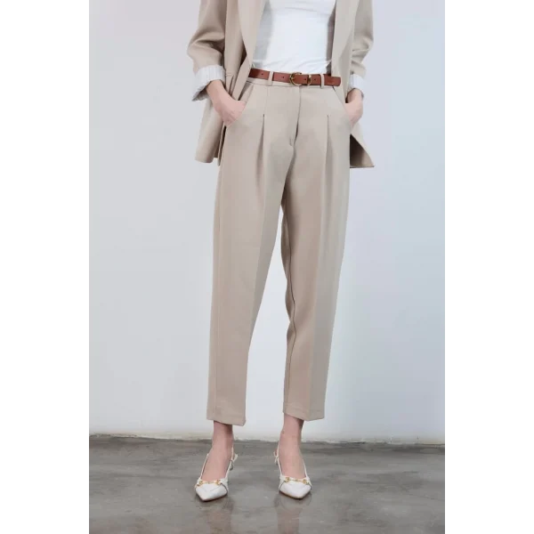 Yüksek Bel Kemerli Havuç Pantolon Taş