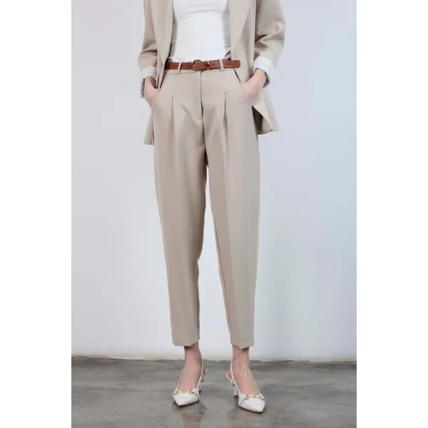 Yüksek Bel Kemerli Havuç Pantolon Taş