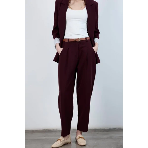 Yüksek Bel Kemerli Havuç Pantolon Mürdüm