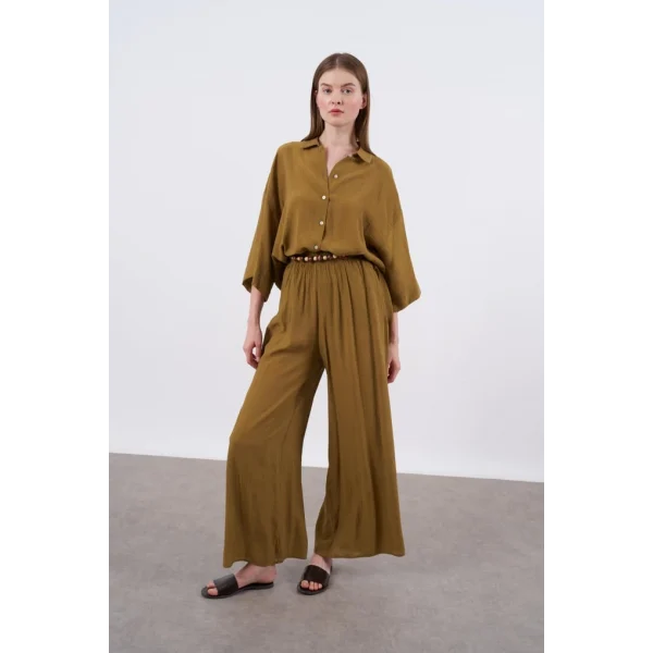 Keten Gömlek Pantolon Takım Taba