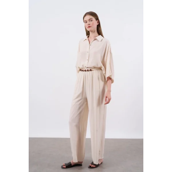 Keten Gömlek Pantolon Takım Krem