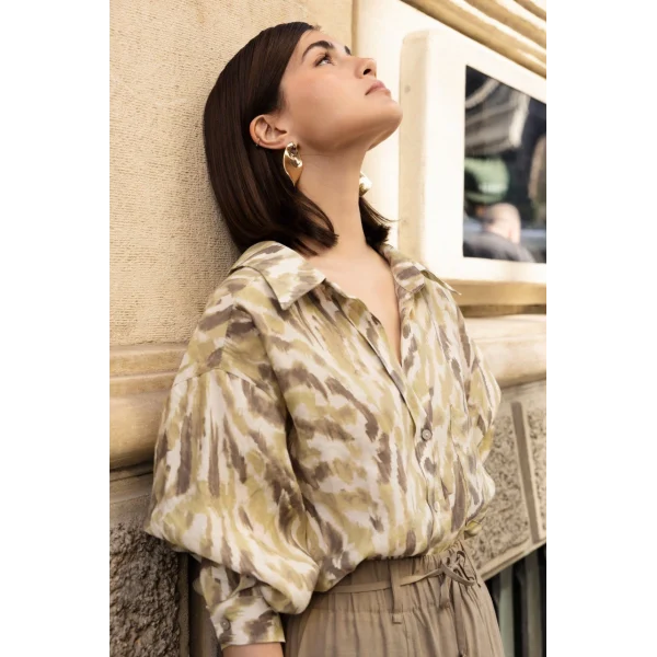 Düşük Omuz Desenli Modal Gömlek - Yeşil