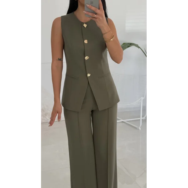 Karma Düğme Yelek Pantolon Takım - Haki