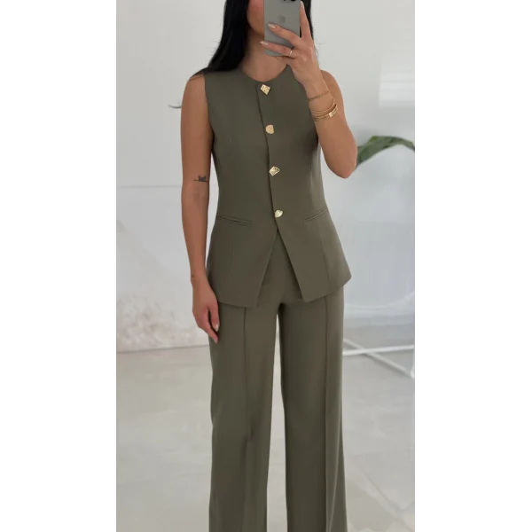 Karma Düğme Yelek Pantolon Takım - Haki