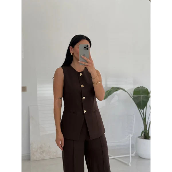 Gold Düğme Yelek Pantolon Takım - Kahve