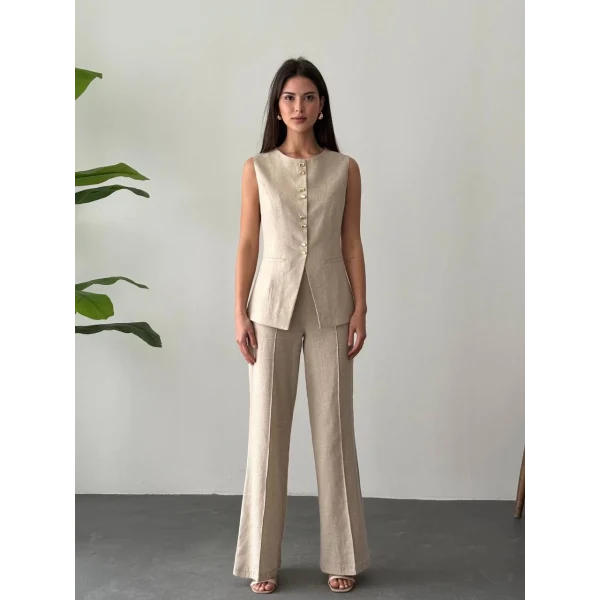 Gold Düğme Keten Yelek Pantolon Takım