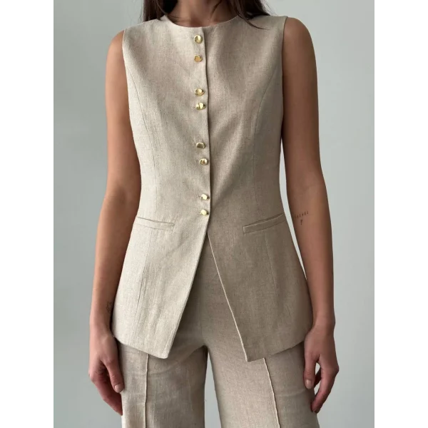 Gold Düğme Keten Yelek Pantolon Takım