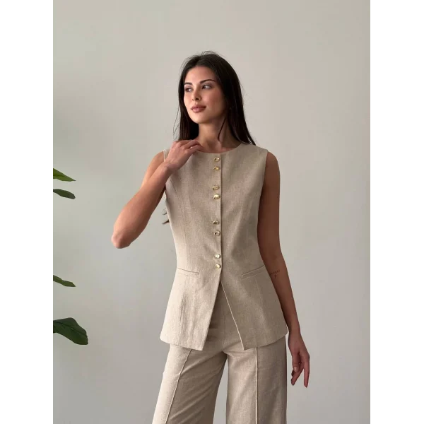 Gold Düğme Keten Yelek Pantolon Takım