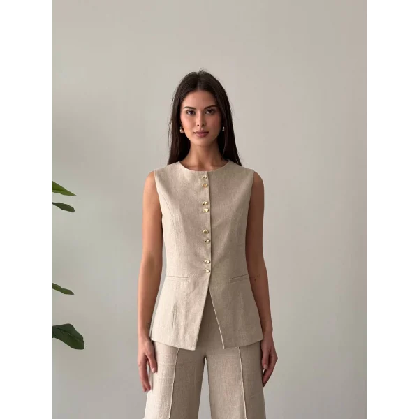 Gold Düğme Keten Yelek Pantolon Takım