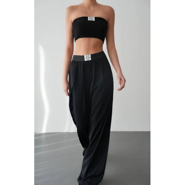 Beli Lastikli Bol Paça Siyah Pantolon