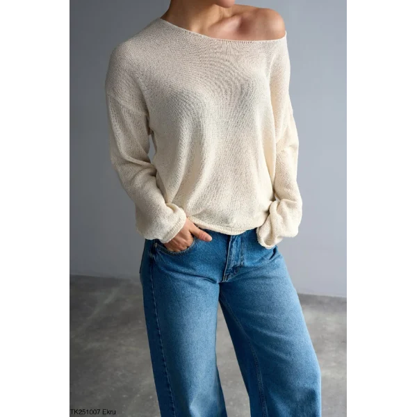 Kayık Yaka Merserize İnce Triko-Ekru