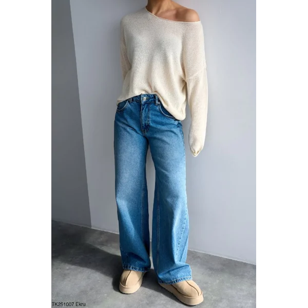 Kayık Yaka Merserize İnce Triko-Ekru