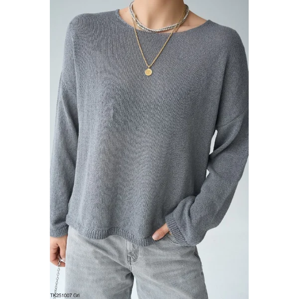 Kayık Yaka Merserize İnce Triko-Gri