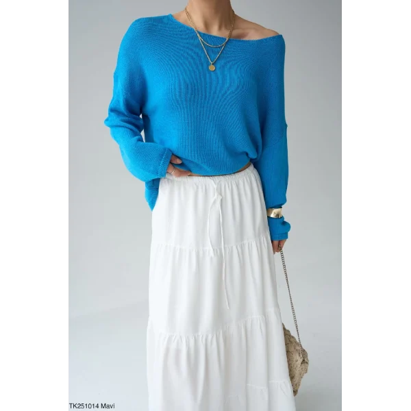 Kayık Yaka Merserize İnce Triko-Mavi