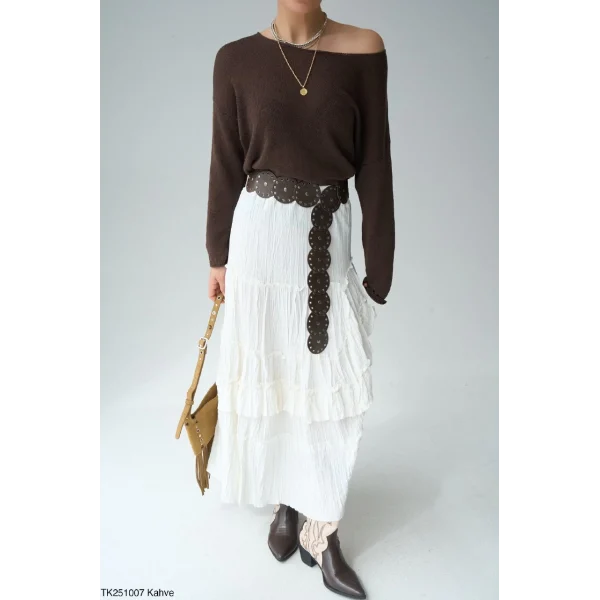 Kayık Yaka Merserize İnce Triko-Kahve