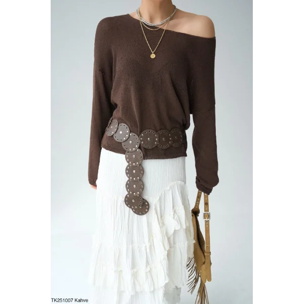 Kayık Yaka Merserize İnce Triko-Kahve