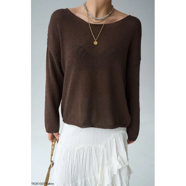 Kayık Yaka Merserize İnce Triko-Kahve