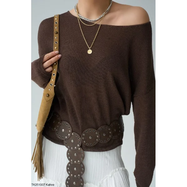 Kayık Yaka Merserize İnce Triko-Kahve