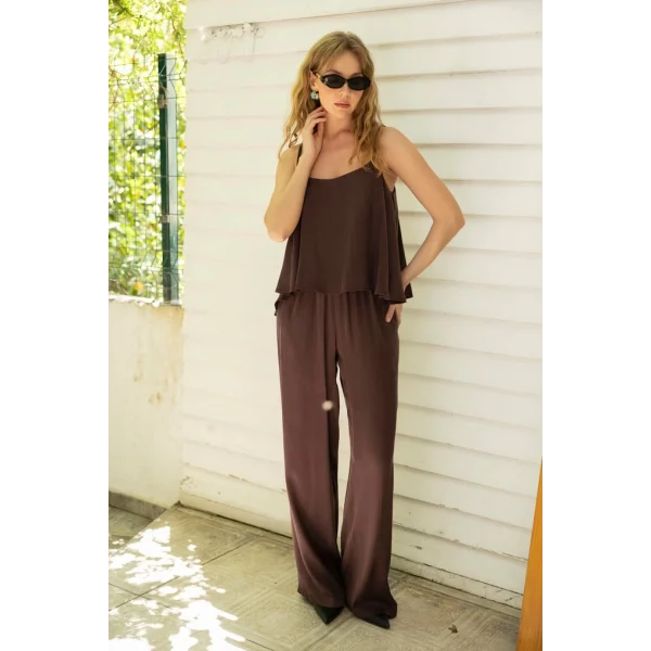 Premium Serisi Askılı Bluz Pantolon Takım-Mürdüm