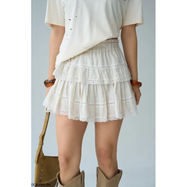 Dantel Detay Pileli Mini Şort Etek-Ekru