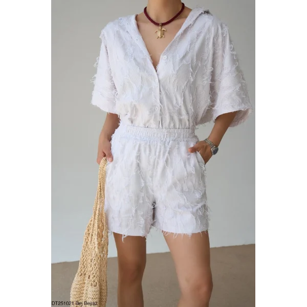 İplik Detay Şort Gömlek Takım-Bej Beyaz