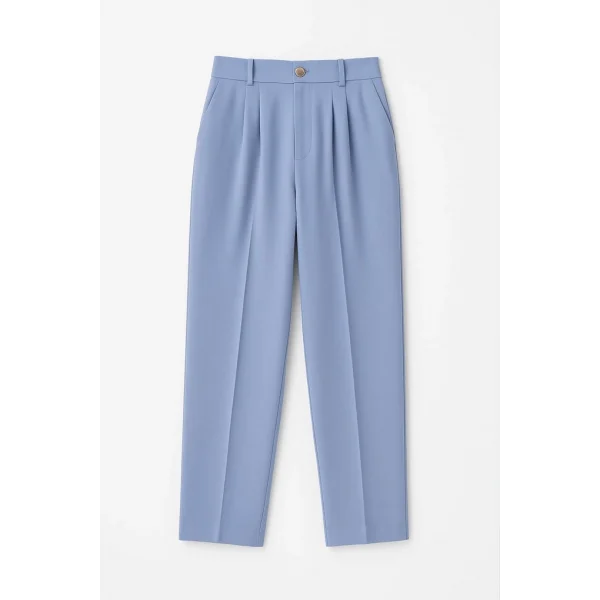 Gold Düğme Pileli Palazzo Pantolon-Mavi