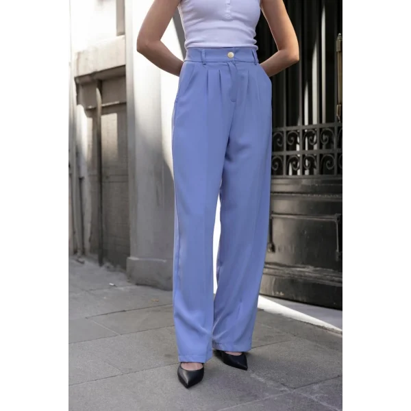 Gold Düğme Pileli Palazzo Pantolon-Mavi