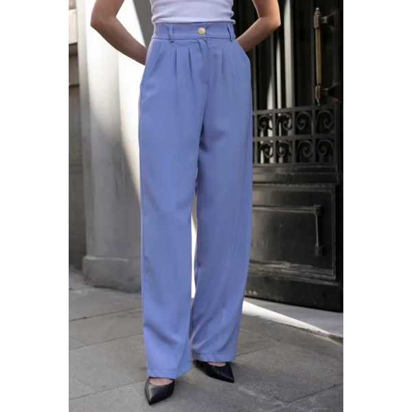 Gold Düğme Pileli Palazzo Pantolon-Mavi