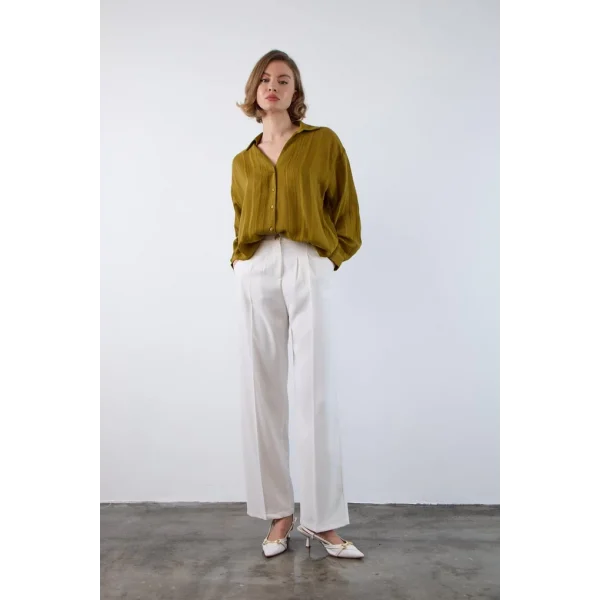 Gold Düğme Pileli Palazzo Pantolon-Beyaz