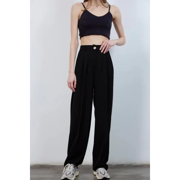 Gold Düğme Pileli Palazzo Pantolon-Siyah