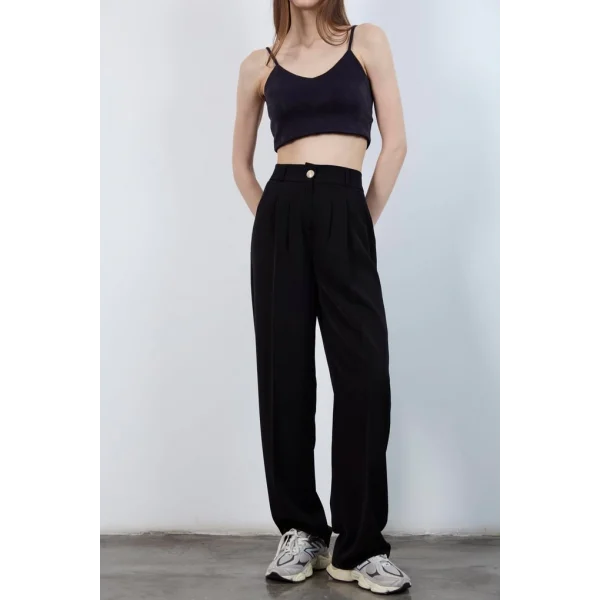 Gold Düğme Pileli Palazzo Pantolon-Siyah