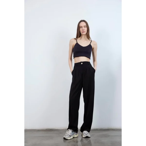 Gold Düğme Pileli Palazzo Pantolon-Siyah