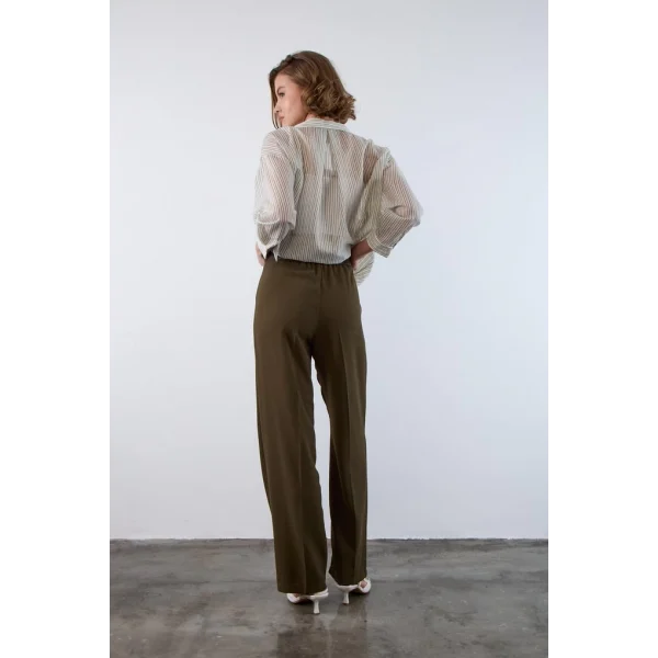 Gold Düğme Pileli Palazzo Pantolon-Haki