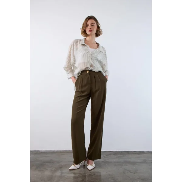 Gold Düğme Pileli Palazzo Pantolon-Haki