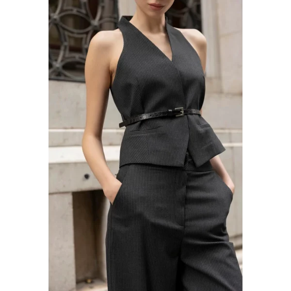 Çizgili Yelek Pantolon Takım-Siyah