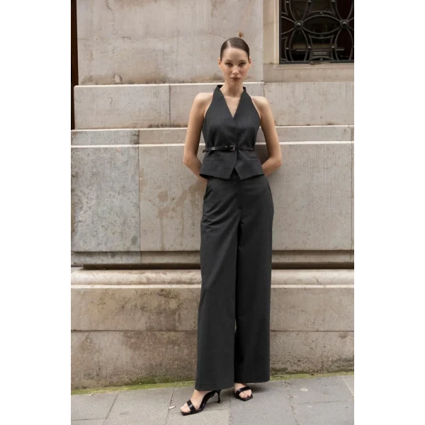 Çizgili Yelek Pantolon Takım-Siyah