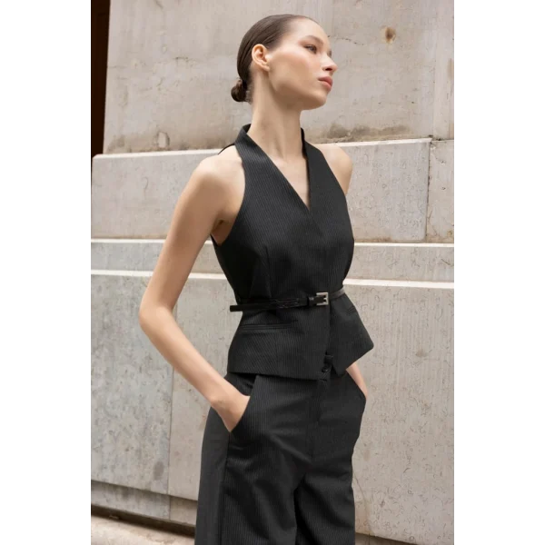 Çizgili Yelek Pantolon Takım-Siyah