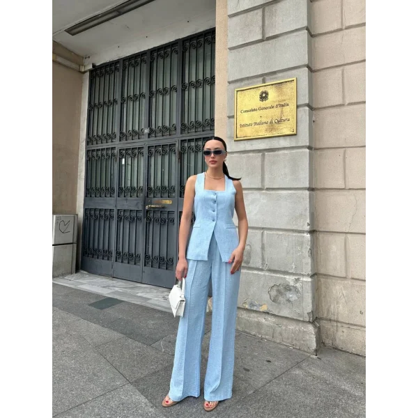 Keten Yelek Pantolon Takım-Mavi