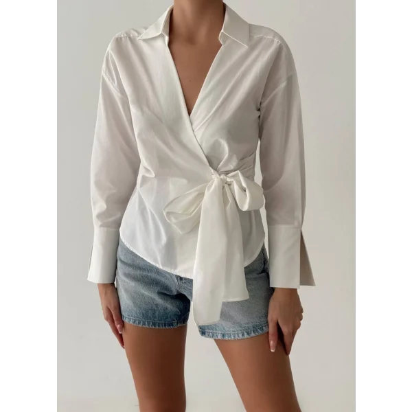 Bağlama Detaylı Kruvaze Bluz Gömlek-Beyaz