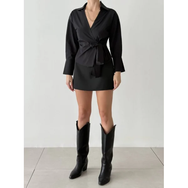 Bağlama Detaylı Kruvaze Bluz Gömlek-Siyah