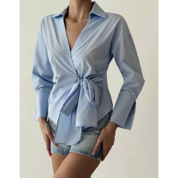 Bağlama Detaylı Kruvaze Bluz Gömlek-Mavi