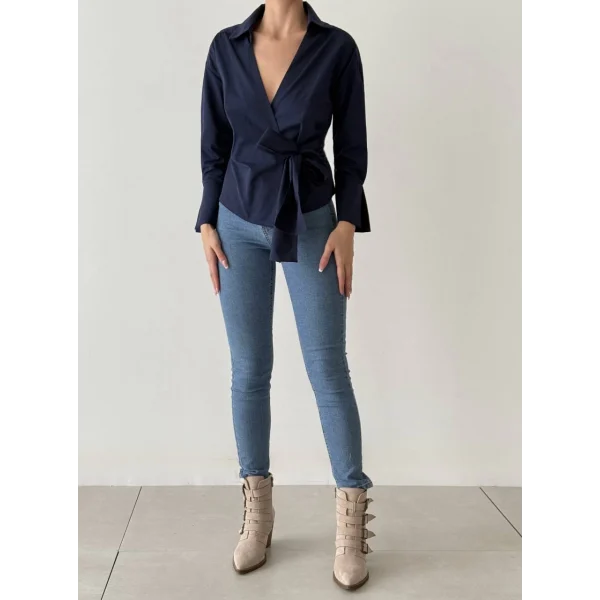 Bağlama Detaylı Kruvaze Bluz Gömlek-Lacivert